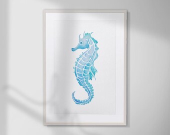 Arte de pared imprimible de caballitos de mar, decoración de acuarela para guardería oceánica, descarga digital costera, obra de arte de caballitos de mar