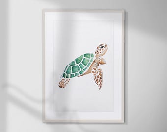 Sea Turtle Wall Art Printable, Watercolour Ocean Nursery Decor, Coastal Digital Download, Sea Turtle Artwork