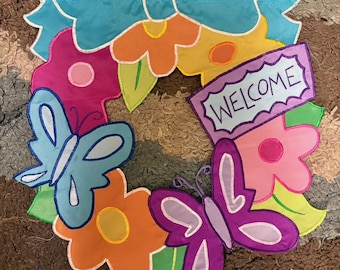 Butterfly Welcome Flower Wreath Seasonal Welcome Sculpted Garden Mini Flag