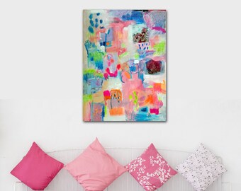 abstract painting - pink and blue - original acrylic & mixed media - 18x24 - 'Magnolia Walk' - FREE US SHIPPING