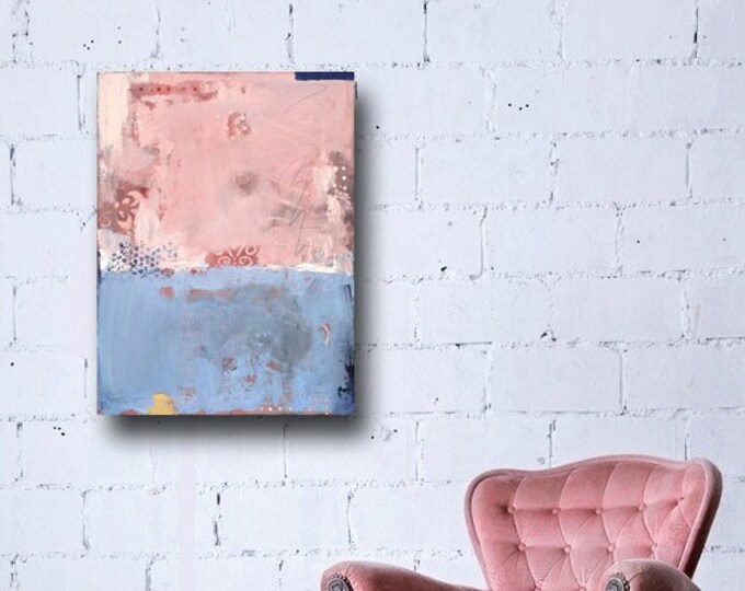 Abstract Painting Pink and Blue Original Oil 18x24 'corner Cafe' FREE