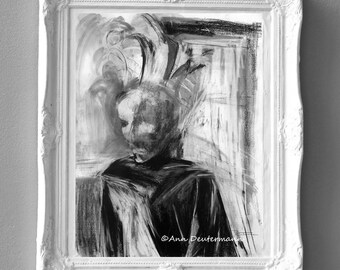 abstract figure drawing - Venetian Carnival - charcoal - black and white print - Giclee' - FREE US SHIPPING