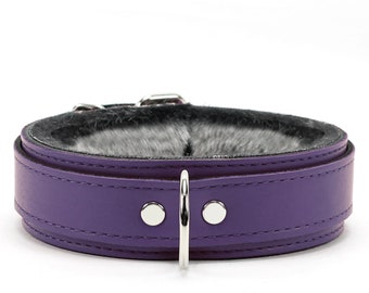 BDSM Collar Leather Bondage Collar 1.5'' Fur Lined BDSM Collar Chinchilla Faux Fur Purple Collar Bdsm Collar oddo Berlin