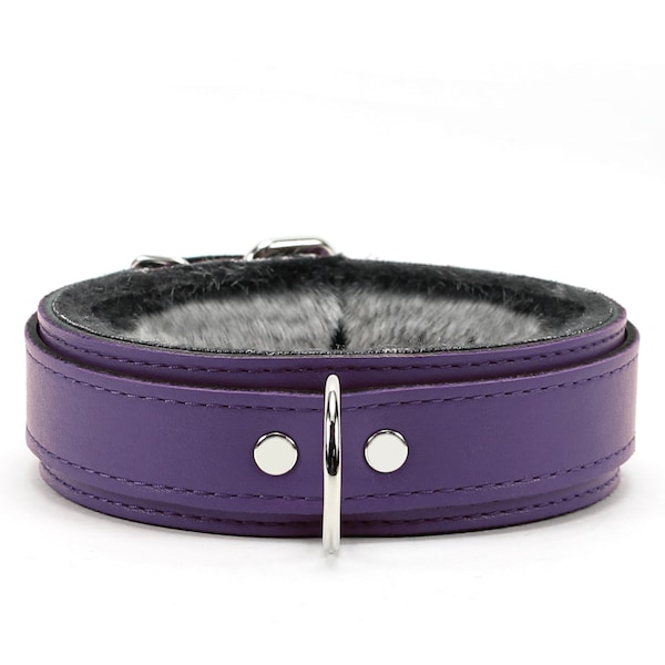 BDSM Collar Leather Bondage Collar 1.5'' Fur Lined BDSM Collar Chinchilla Faux Fur Purple Collar Bdsm Collar oddo Berlin