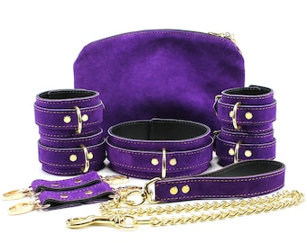 9 Pieces Bdsm Suede Set for Sub, Wrist Cuffs, Sub Collar, Purple BDSM Kit, ODDO Leather Athena