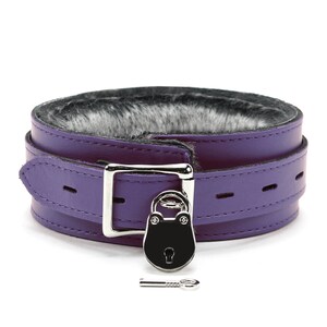 May include: Purple leather collar with a silver lock and key. The collar has a soft gray fur lining.