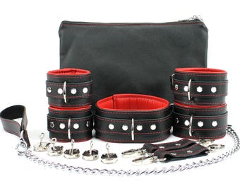 BDSM Restraint Set, Leather Wrist, Ankle cuffs, Bondage Collar, 9 Pieces Kit, Oddo Leather Mandrake