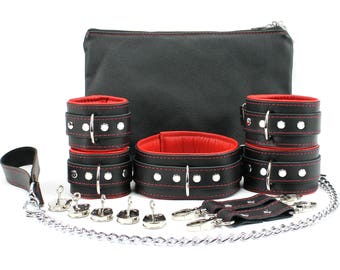 Ultimate Bondage Kit | Premium BDSM Set includes Cuffs, Collar, Leash, Bag & Connectors | Mandrake by Oddo Leather