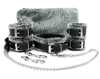 9-Piece Fur-Lined BDSM Set | Pink, Red, Purple or Black | Leather Restraints Kit | Emma by Oddo Leather