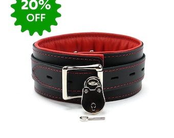Leather BDSM Collar |  2'' Padded Collar with Lock | Black and Red | Mandrake by Oddo Leather