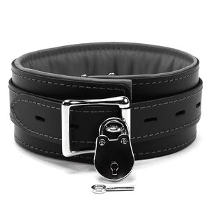 May include: Black leather collar with a silver lock and key. The collar has a padded lining and is adjustable.