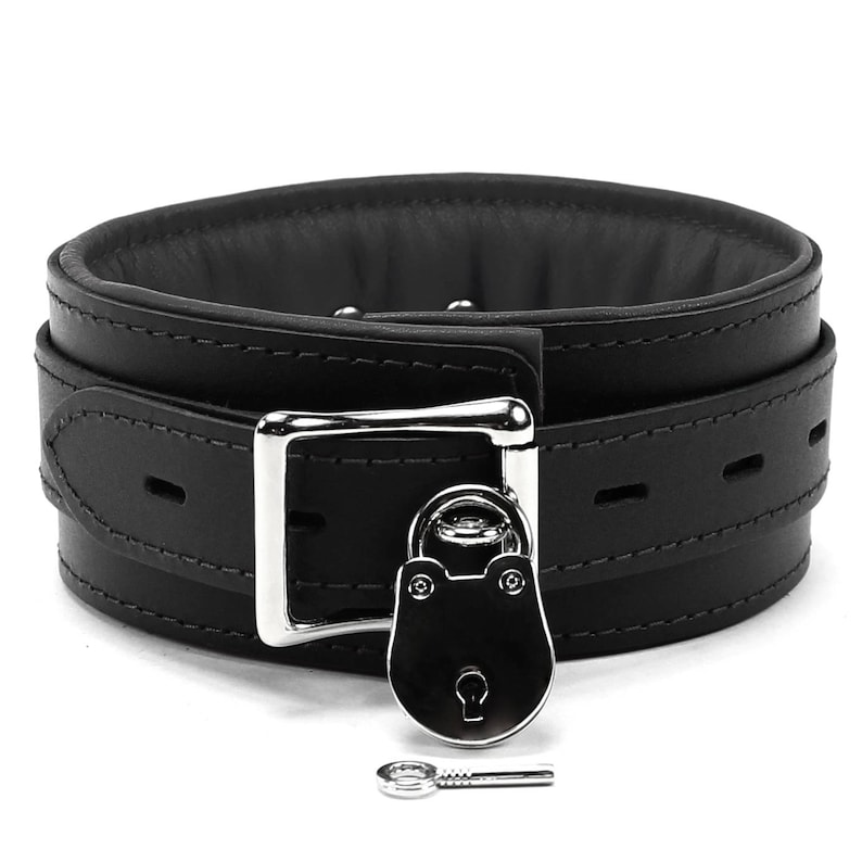 May include: Black leather collar with a silver lock and key. The collar has a buckle closure and is adjustable.
