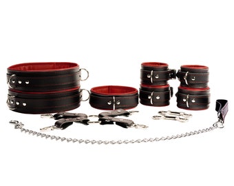 BDSM Leather Restraint Set | 11-Piece Kit includees Padded Wrist, Ankle, Thigh cuffs, Bondage Collar, Hogtie, Leash | Mandrake by Oddo