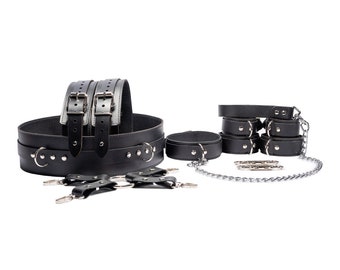 Premium 12-Piece Leather BDSM Kit | Includes Wrist/Ankle Restraints, Thigh Cuffs, Waist Belt, Collar, Hogtie & Leash | Atlas Collection