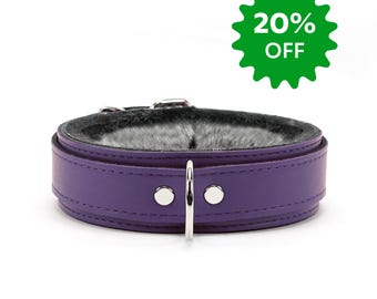 BDSM Leather Bondage Collar | 1.5'' Fur-Lined | Chinchilla Faux Fur | Purple, Red, Black & Grey | Berlin Collection by Oddo Leather