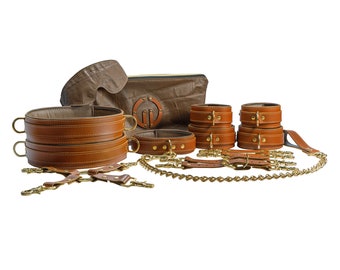 Premium BDSM Set | 15-Piece Kit including Leather Collar and Leash, Wrist, Ankle, Thigh Cuffs, Garters, Hogtie, Blindfold, & Storage Bag