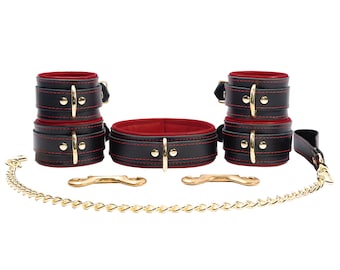 BDSM Padded Restraint Set | 8-Piece Kit includes Leather Wrist, Ankle, Bondage Collar, Leash, Metal Connectors | Mandrake by Oddo Leather