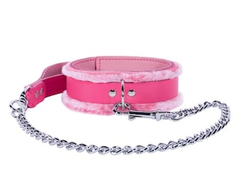 Collar and Leash Set EMMA, Faux Fur Bondage Collar, Italian Leather BDSM Choker, , Made in Atlanta, GA