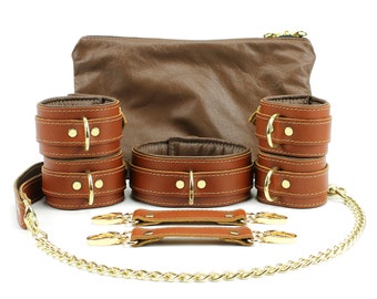 Luxury BDSM Kit | Bondage Restraints, Collar and Leash, Wrist and Ankle Cuffs | Fox by Oddo Leather