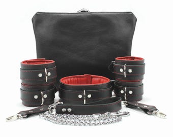 Bondage Set MANDRAKE, Italian Leather BDSM Restraints Kit, Hand and Ankle Cuffs, Storage Bag, Collar, Leash, Connectors, Made in Atlanta, GA