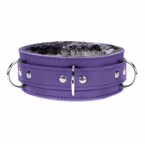 May include: Purple leather collar with a gray fur lining and silver metal hardware.