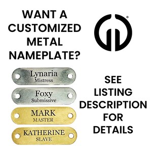 a set of four metal name tags with the words, i want a customized metal