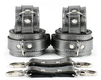 BDSM Special Edition Cuff Set | Metallic Gunmetal |  2'' Padded Bondage Cuffs | Includes Collar, Lead, and Storage Bag | Gaius