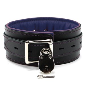 May include: Black leather collar with a purple lining and a silver lock and key. The collar has a buckle closure.
