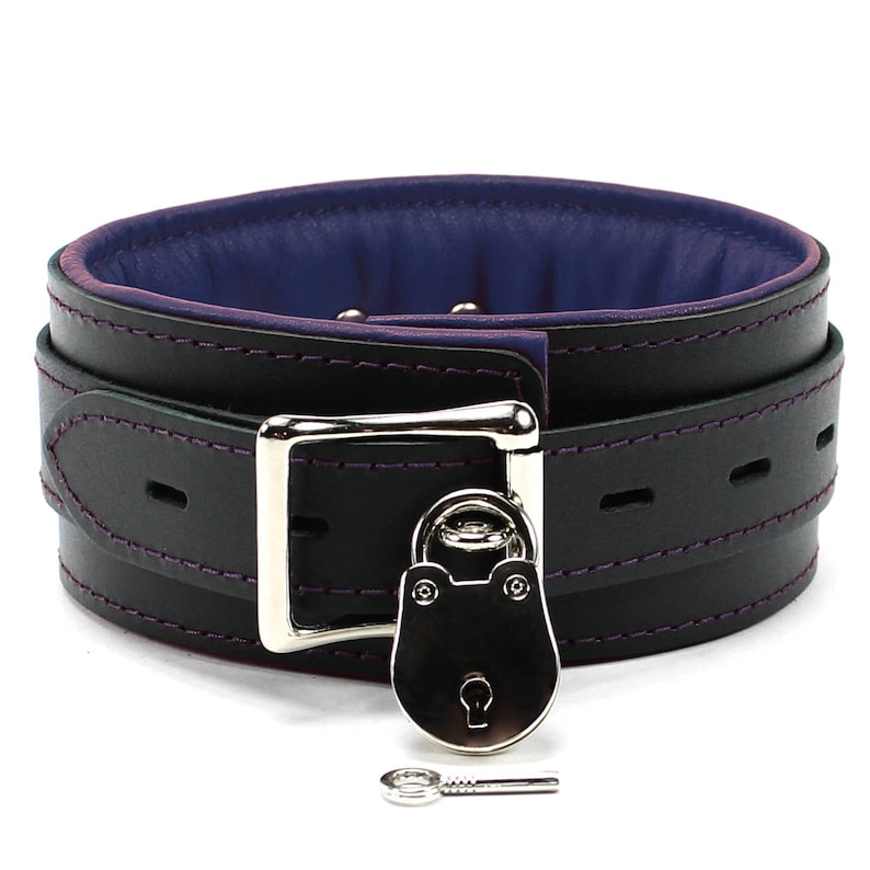May include: Black leather collar with a purple lining and a silver lock and key. The collar has a buckle closure.