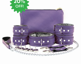 Lockable Leather BDSM Kit | 9-Piece Set includes Wrist & Ankle Cuffs, Collar, Leash, Connectors, Storage Bag | Red, Purple, Black and Grey
