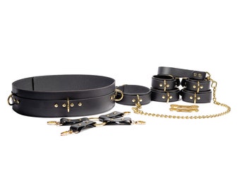 Premium Leather BDSM Set | 10-Piece Kit includes Collar, Ankle & Wrist Cuffs, Waist Belt, Leash, Connectors and Hogtie | Atlas by Oddo