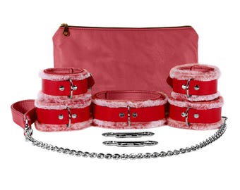 Red Fur-Lined BDSM Set | 9-Piece Kit | Leather Restraints Kit | Emma by Oddo Leather
