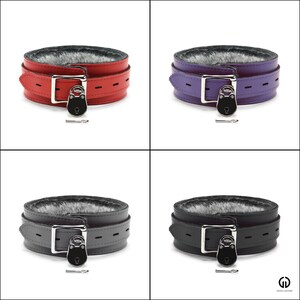 May include: Four different colored leather collars with a faux fur lining and a silver lock and key. The collars are red, purple, gray, and black.
