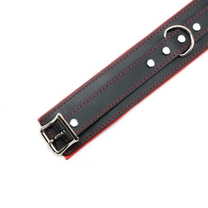 May include: Black leather collar with red stitching and a silver buckle and ring.