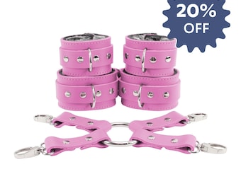 Pink BDSM Cuff Kit | Lockable 5-Piece Leather Set includes Wrist & Ankle Restraints, 2 Metal Connectors and Hogtie