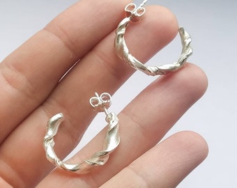 Twisted hoops, 925 solid sterling silver creoles, organic shape, dainty earrings, one-of-a-kind earrings