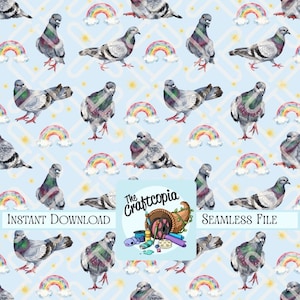 May include: A seamless digital pattern featuring watercolor illustrations of pigeons and rainbows on a light blue background. The design includes the text "INSTANT DOWNLOAD" and "SEAMLESS FILE". The Craftcopia logo is also present.