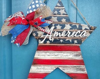 patriotic star door hanger, rustic americana decor, flag porch sign, vintage flag decor. 4th of July primitive star