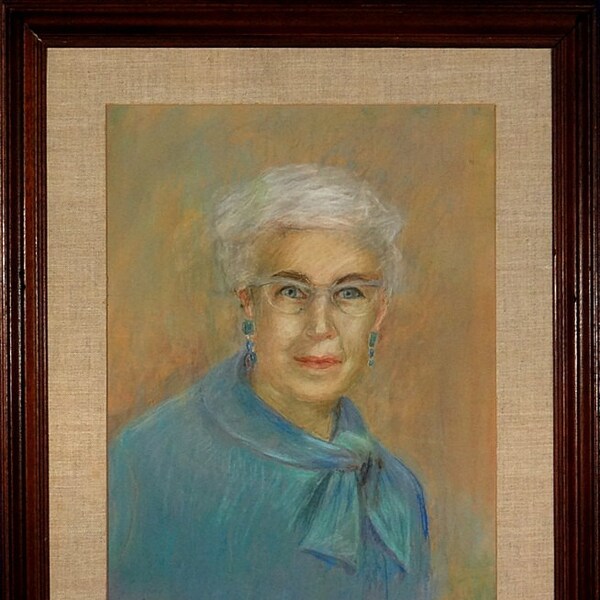 Lovely ca.1960 White Hair Lady Portrait Pastel Painting with Frame
