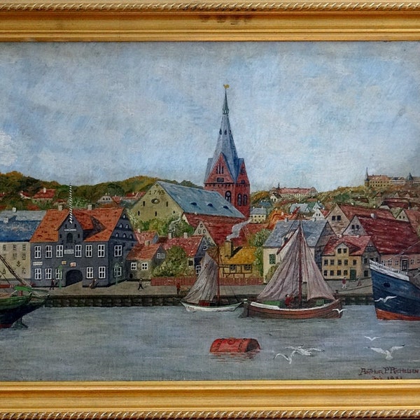 Rare ca.1931 Boats Harbor Northern Europe Seascape Town Painting Oil/Board/Frame