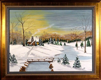 Superb ca.1970 Snowy Winter Scene Oil Painting w/Frame Artist Signed