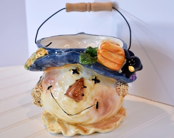 Vintage Scarecrow Ceramic Treat Bucket with Wire Wood Handle