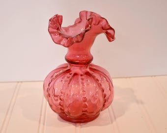 Vintage Fenton Cranberry Beaded Melon Vase with Ruffle Top - 6"