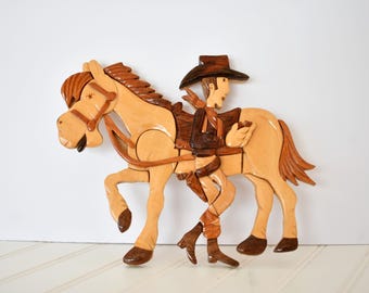 Vintage Intarsia Horse and Cowboy Wooden Wall Art, 3D Wood Mosaic