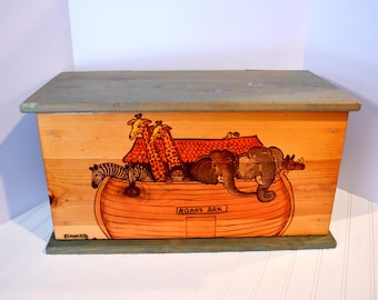 Vintage Rustic Toy Storage Box Trunk with Noah's Ark Motif