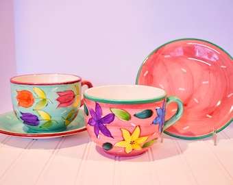 Vtg 4pc Cafe Au Lait Mugs and Plates, Handpainted, New in Box