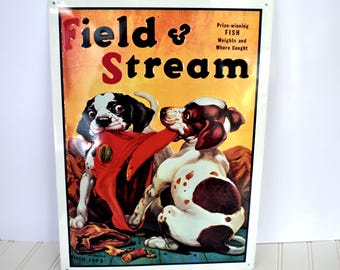 Reproducción de un cartel de hojalata vintage de la portada de la revista Field and Stream de 1943