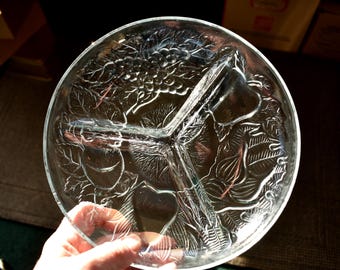 Vintage Clear Glass Divided Relish Dish Embossed Fruit Design ~ 7 3/4"