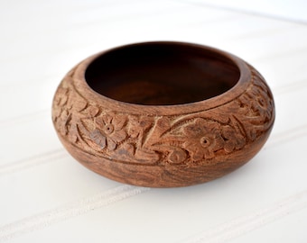 Vintage Hand-Carved Floral Wooden Bowl ~ Rustic Home Decor