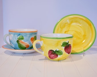 Vtg 4 pc set Cafe Au Lait Mugs and Plates, Hand Painted Floral Design